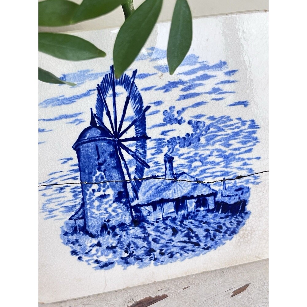 Antique Cracked Shabby Chic Classic Danish Blue & White Windmill Scene Tile 6”